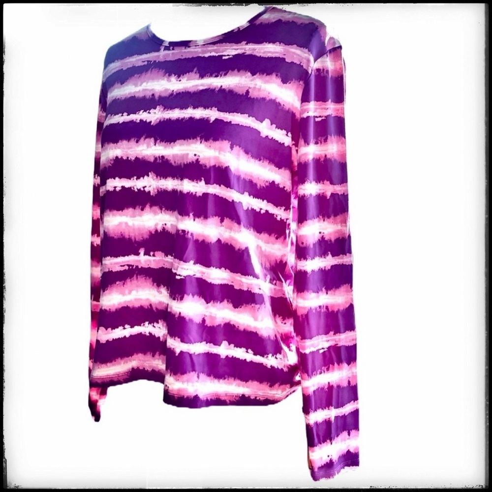Lands’ End Striped Swim Shirt Rash Guard Cover Up Long Sleeve Purple Pink White